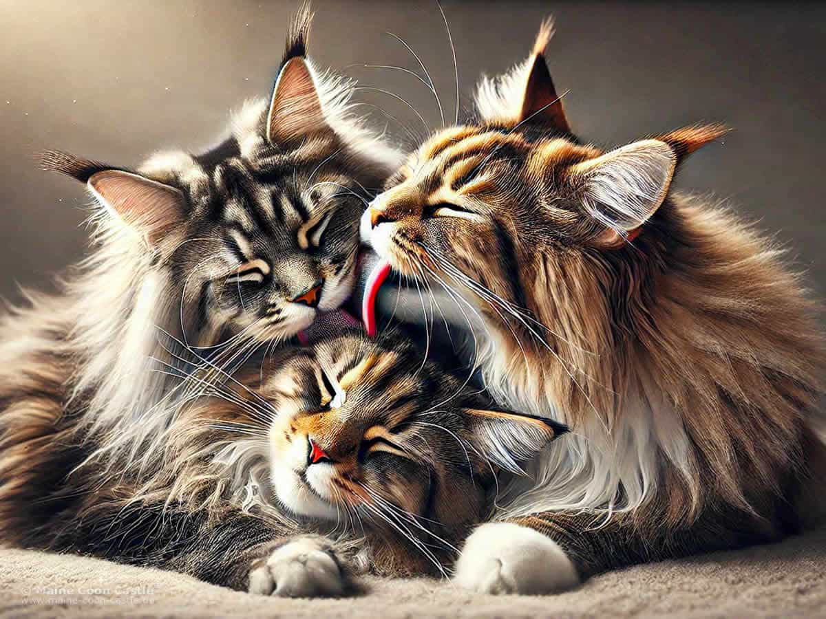 Maine Coon Katzen putzen sich Fellpflege der Maine Coon